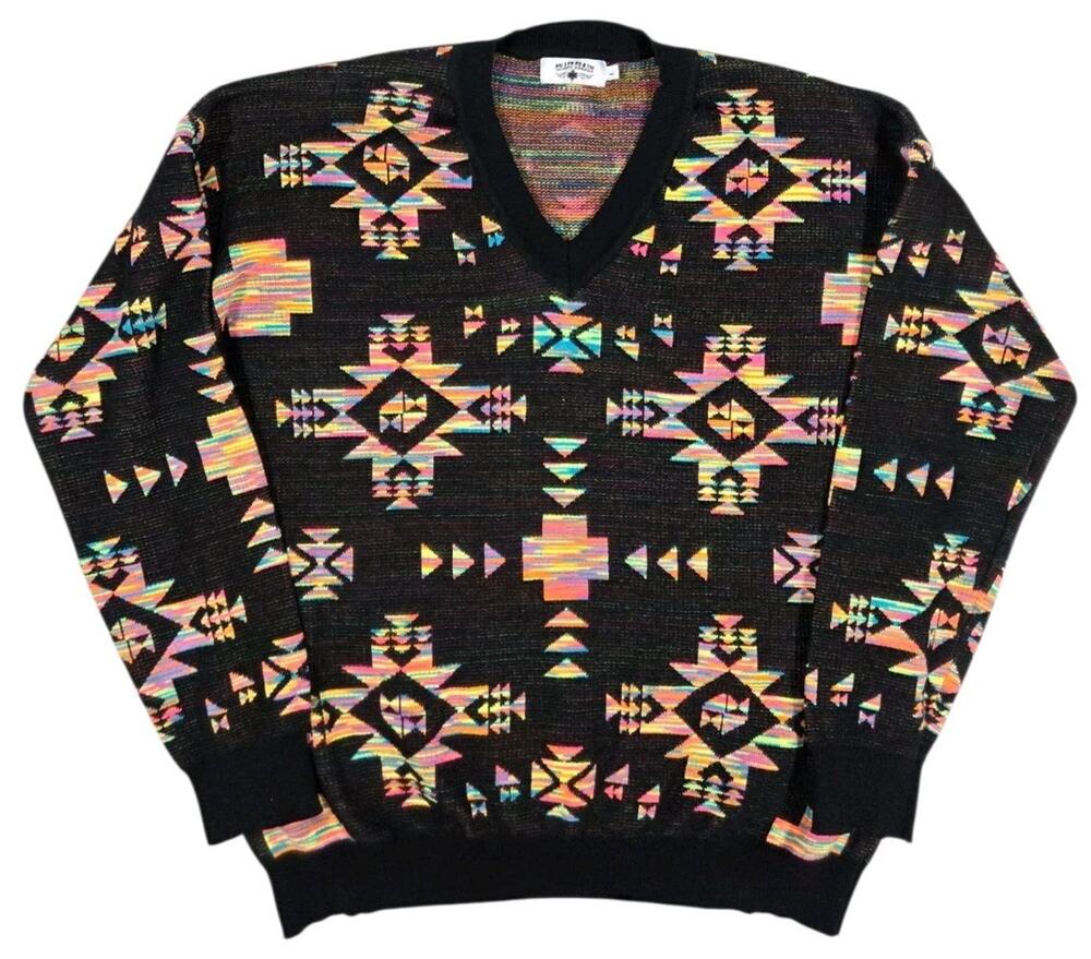 Crazy Train Pullover Sweater Neon Geometric Southwestern Knit Women Large V-Neck